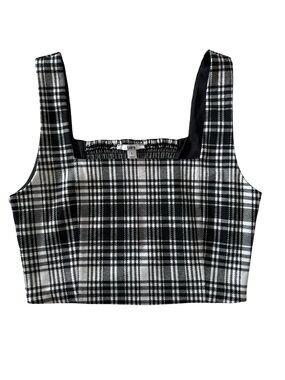 Black White Plaid Cropped Tank Top Square Neck Smocked Back Size L